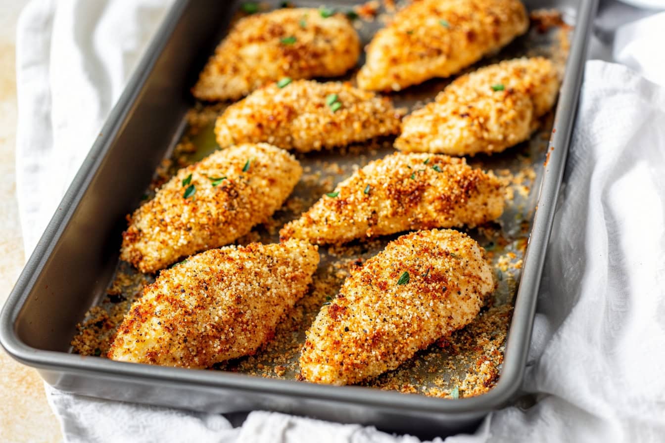 Homemade parmesan chicken tenders with panko crumbs and seasoning in a baking pan.