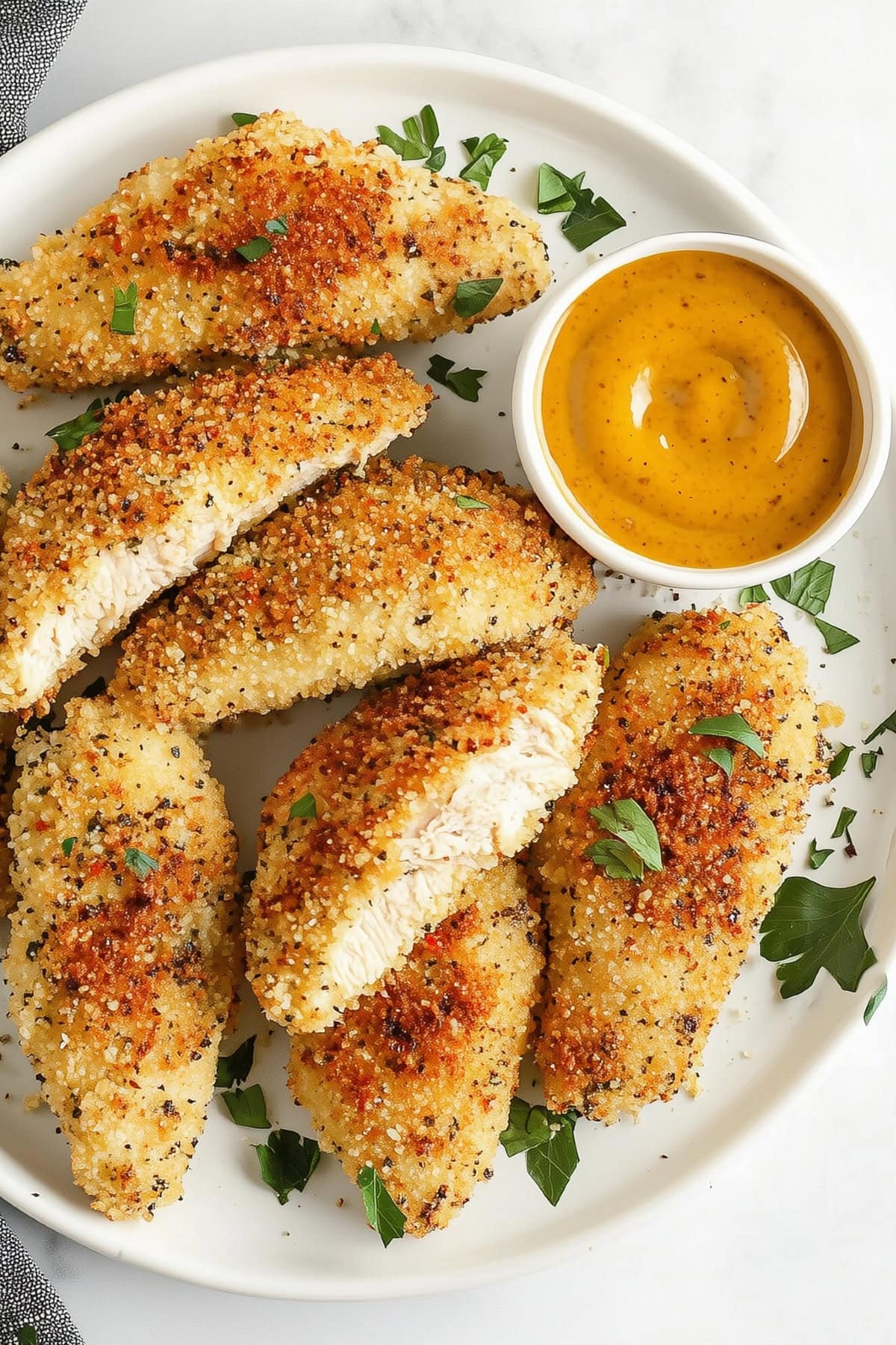 An overhead view of parmesan chicken tenders with mustard dip on the side.