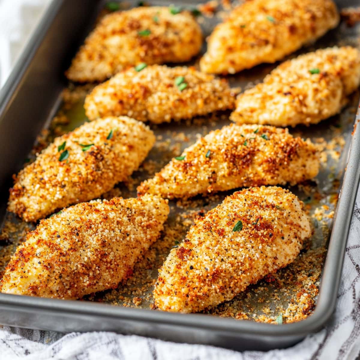 A baking pan filled with parmesan chicken tenders with panko crumbs and Italian seasoning.