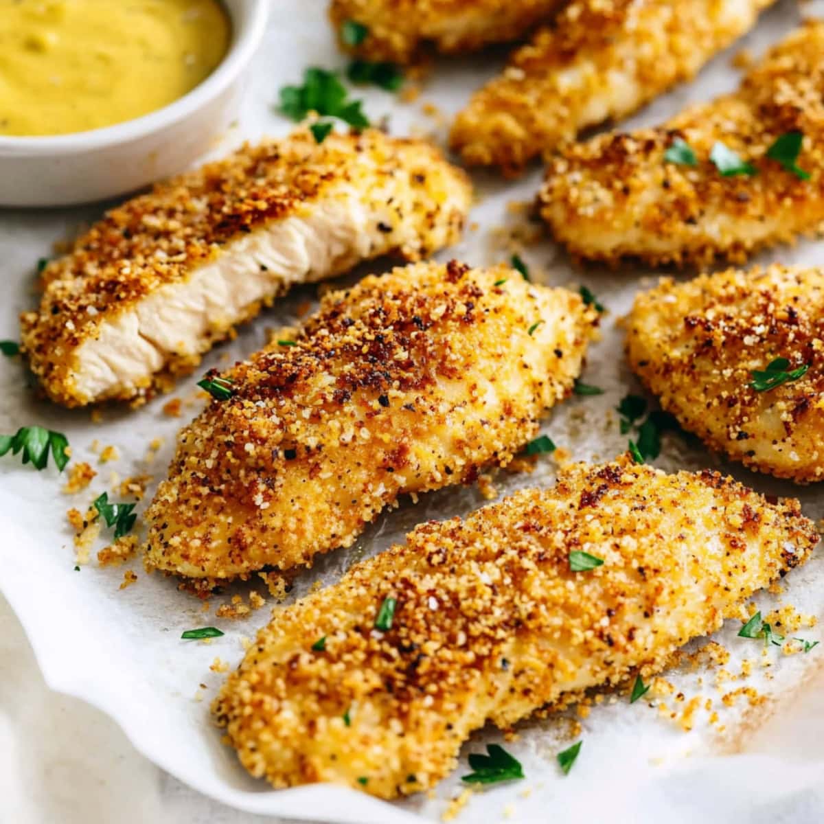 Parmesan chicken tenders sitting on a parchment paper, sprinkled with herbs.