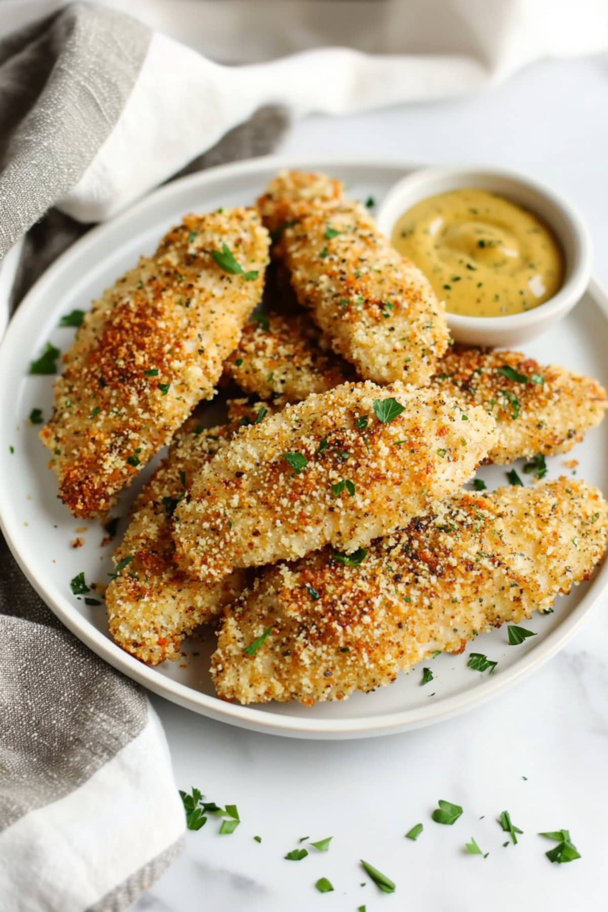 A plate of parmesan chicken tenders, served with mustard.