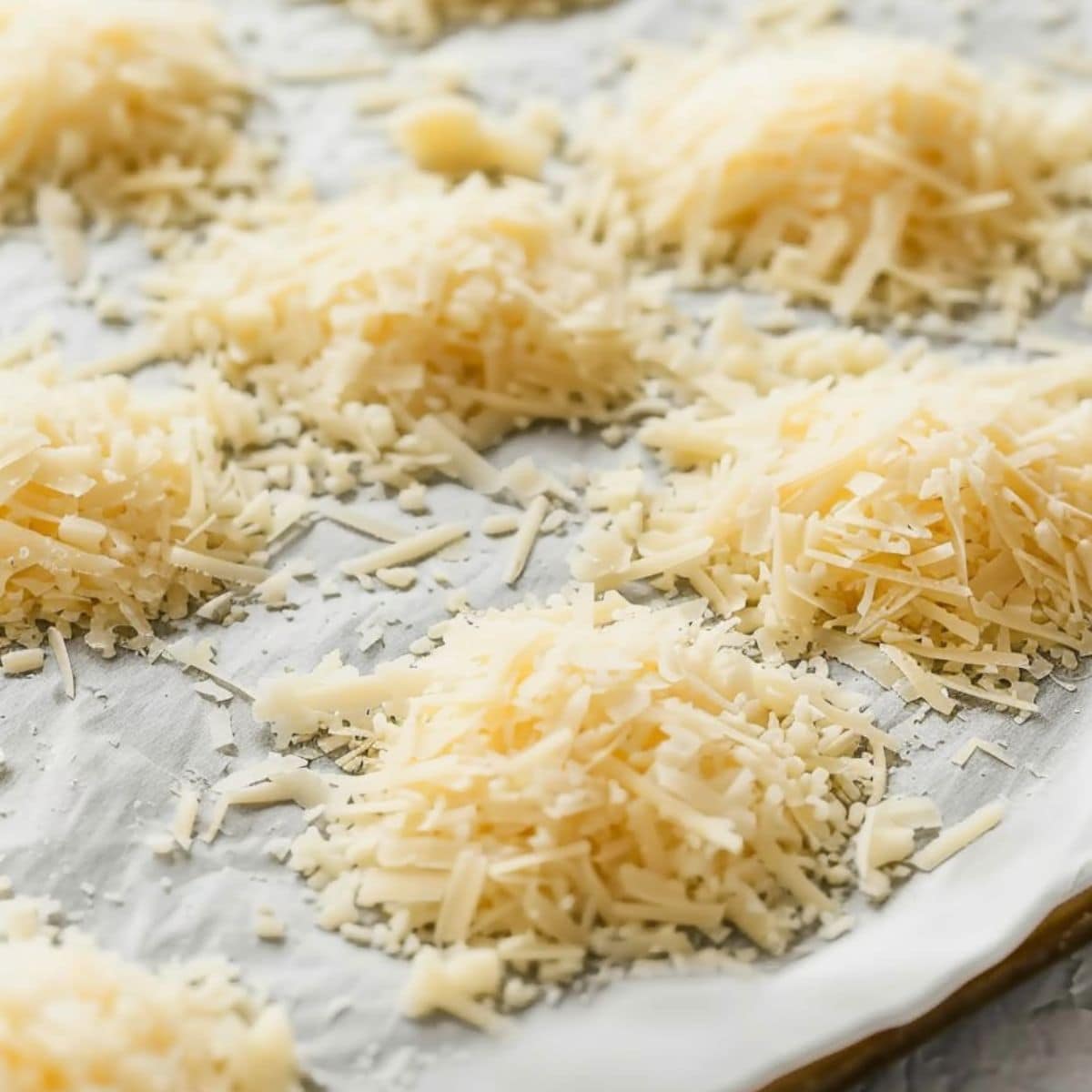 Mounds of grated parmesan on a baking sheet with parchment paper.