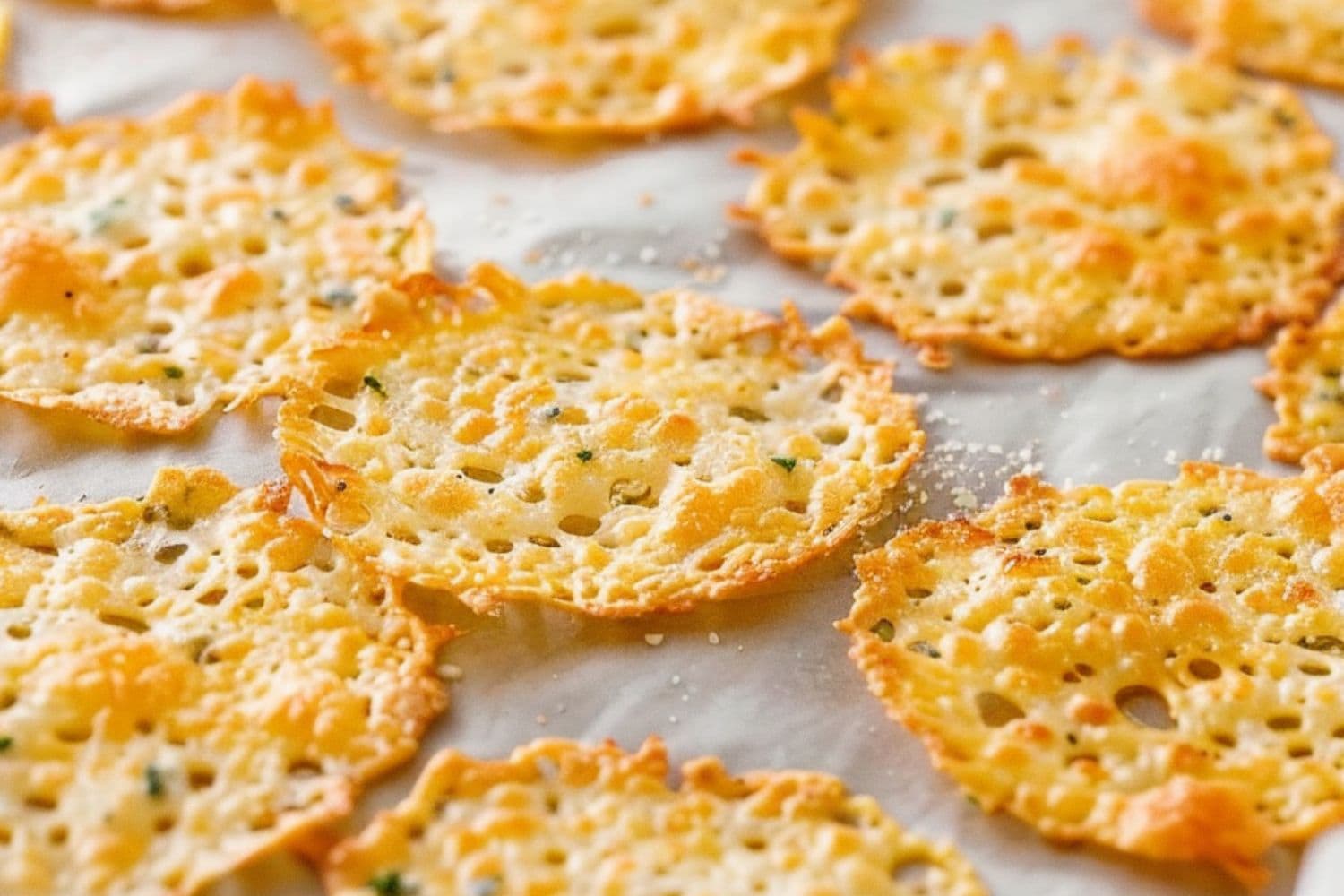 Crispy thin parmesan cheese baked in a baking sheet with parchment paper lining.