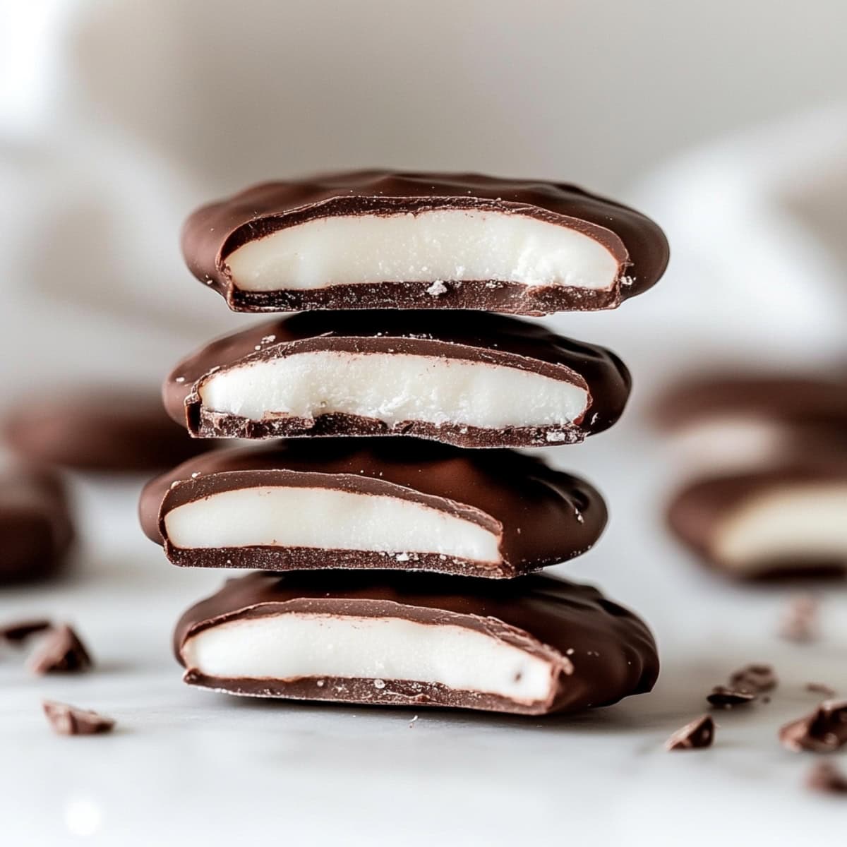 Peppermint patties with creamy filling at the center, stacked on a white marble table.