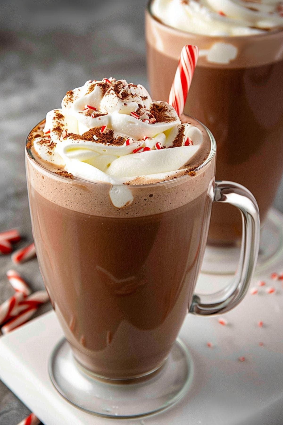 Two servings of hoy chocolate drink with whipped cream and peppermint garnish in a glass mug.