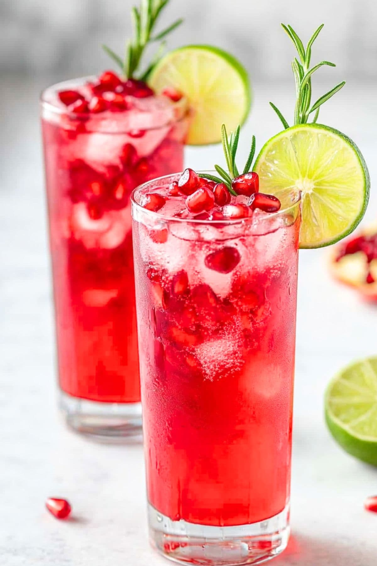 Two servings of refreshing pomegranate sparkler mocktail in highball glasses.