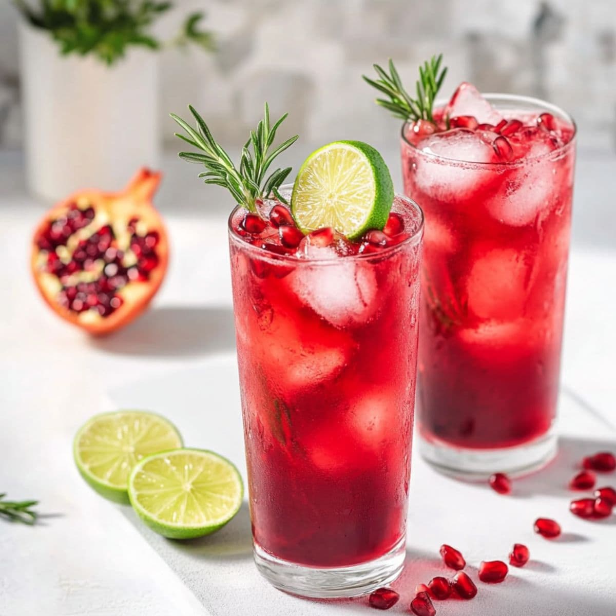 Pomegranate sparkler mocktails garnished with pomegranate seeds, fresh line, and rosemary. 