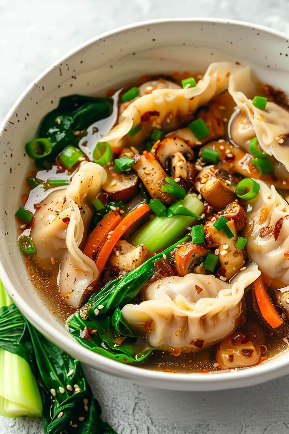 Dumpling soup with carrots, bok choy, and mushrooms in savory broth