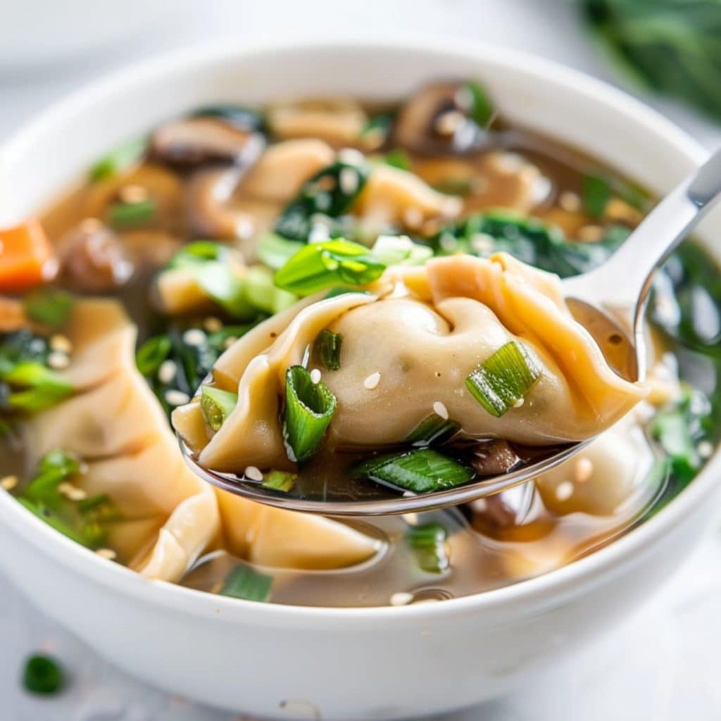 A spoon lifting a serving of dumplings from a bowl filled with broth.