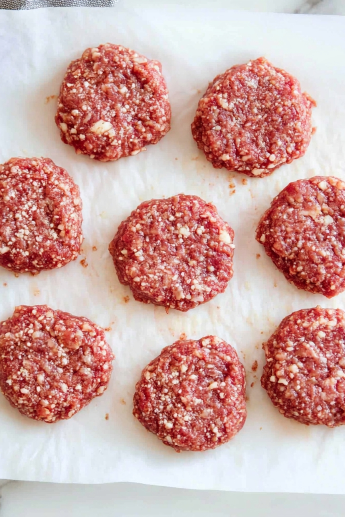 Raw ground patties on a parchment paper.