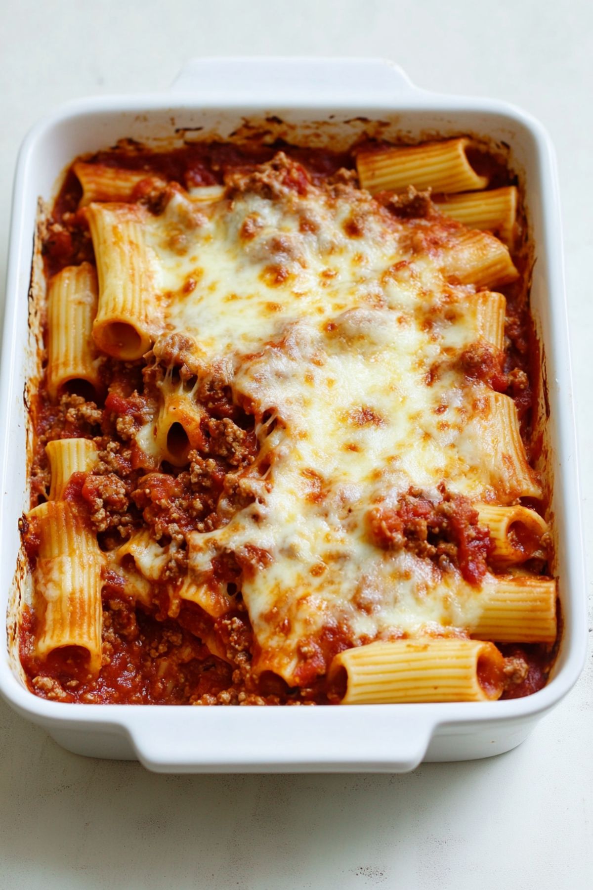 Cheesy and saucy baked rigatoni with sausage cooked in a baking dish.