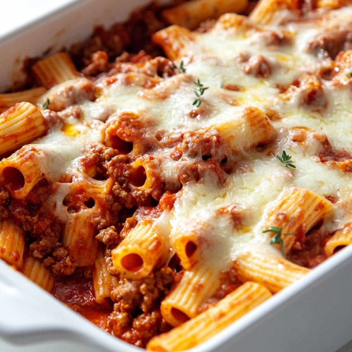 Melted cheese on top of baked rigatoni with sausage cooked in a baking dish.