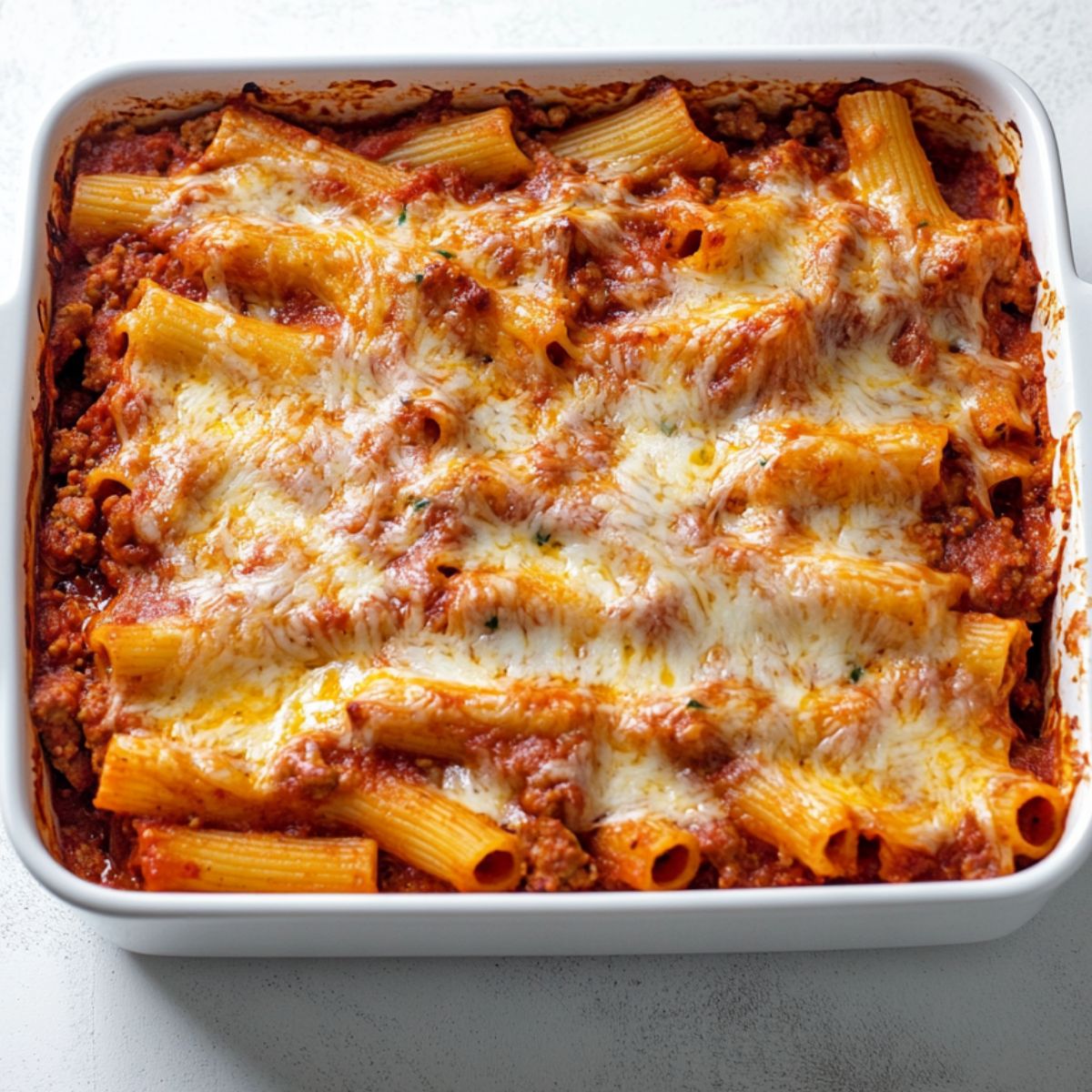 Baking dish with baked rigatoni pasta topped with melted cheese.