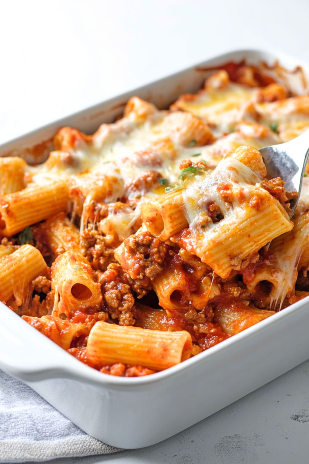 Baked rigatoni pasta with sausage and melted cheese lifted by a spoon ladle.