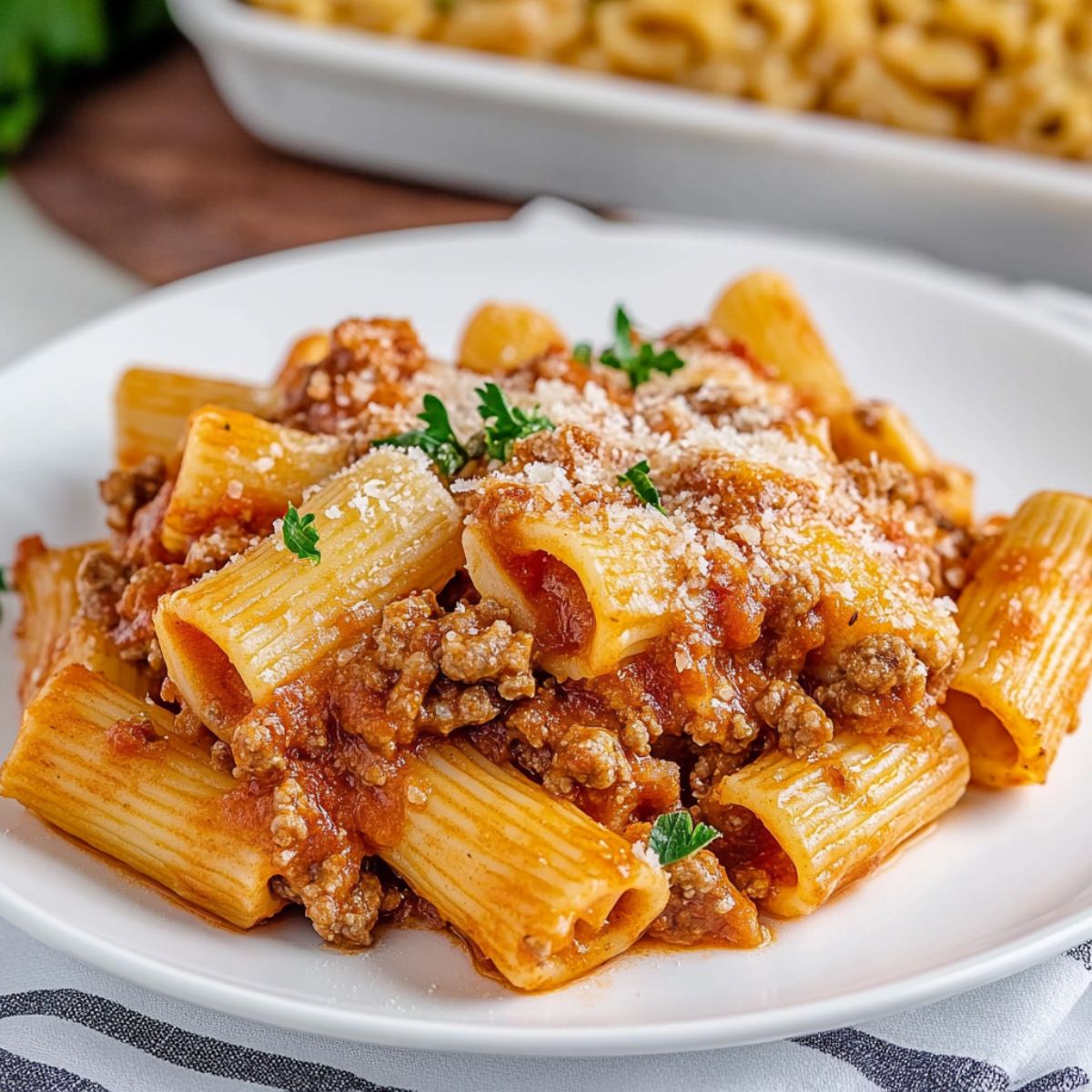 Serving of baked rigatoni pasta served in a white plate.