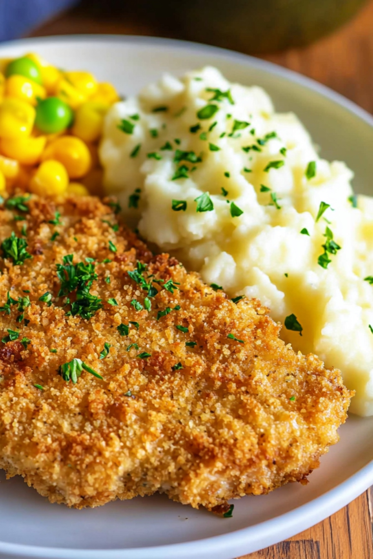 Crispy and tender homemade ritz cracker pork chops with mashed potatoes and corn in a white plate.