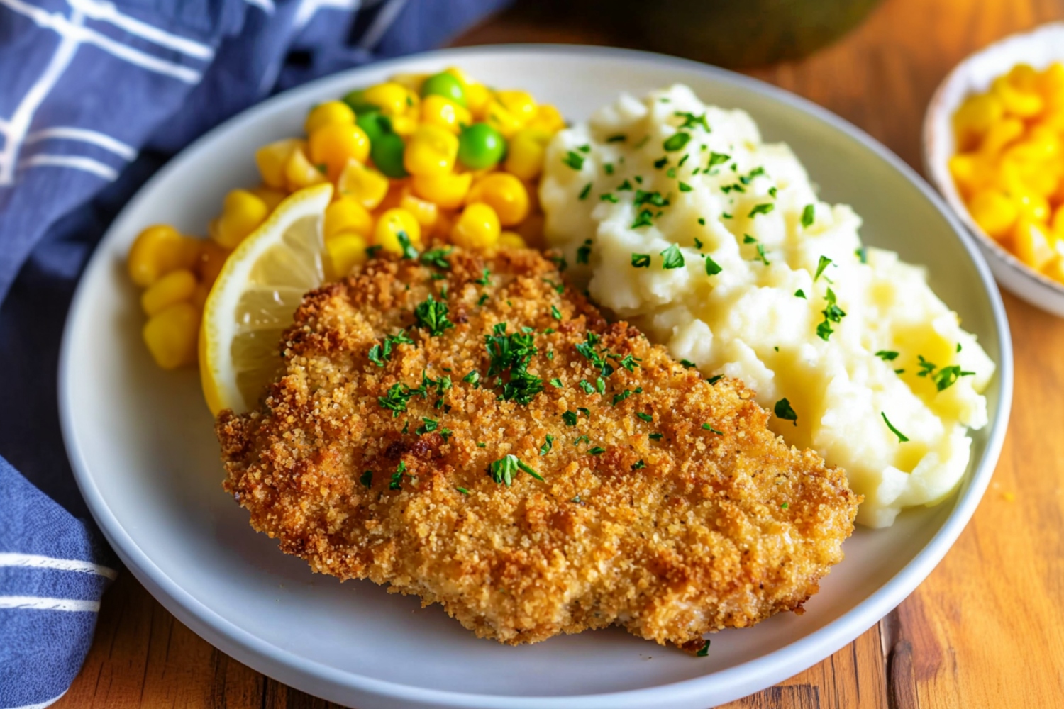 Savory homemade ritz cracker pork chops in a white plate served with mashed potatoes and corn kernels.