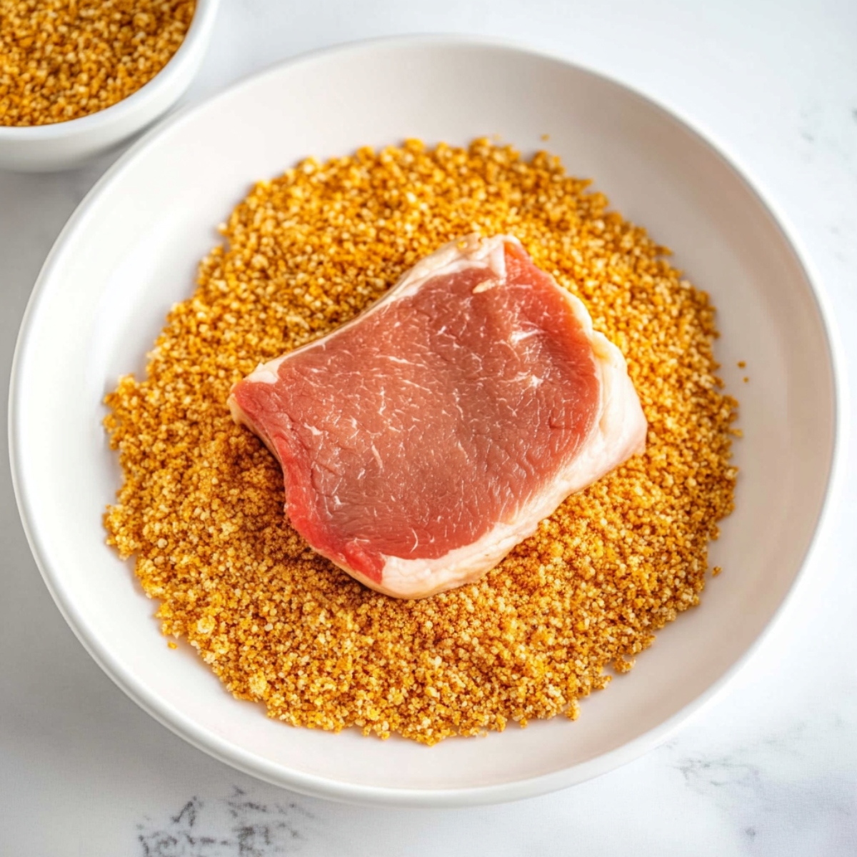 A raw pork chop with crushed ritz crackers in a white plate.