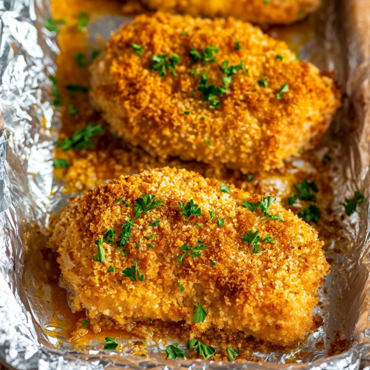 Breaded ritz cracker pork chops, garnished with parsley in a baking sheet with aluminum foil.