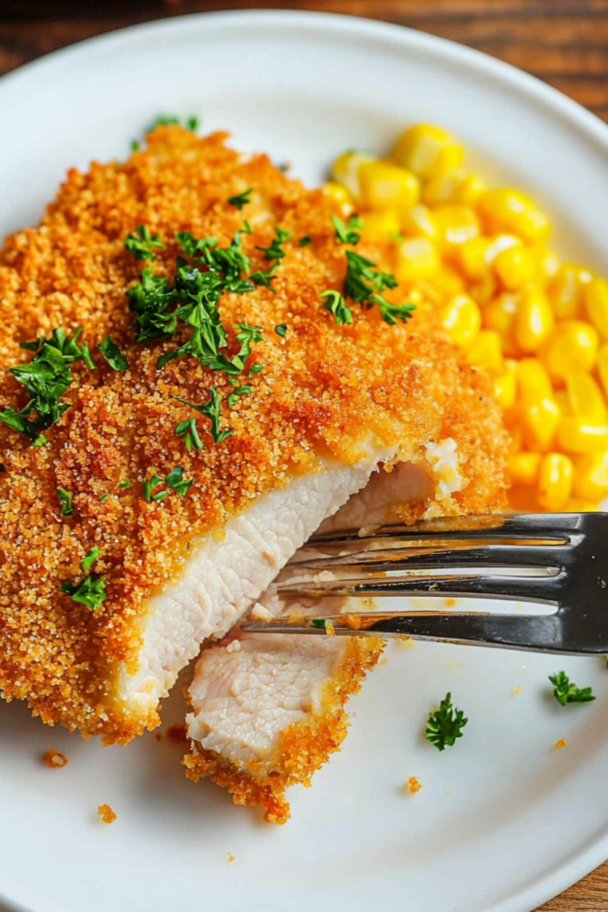  Breaded ritz cracker pork chops in a plate with a fork, garnished with parsley.