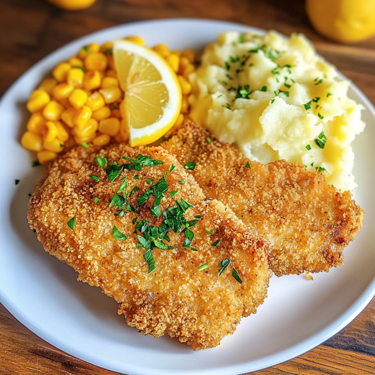 Crispy homemade ritz cracker pork chops with mashed potatoes and corn kernels.