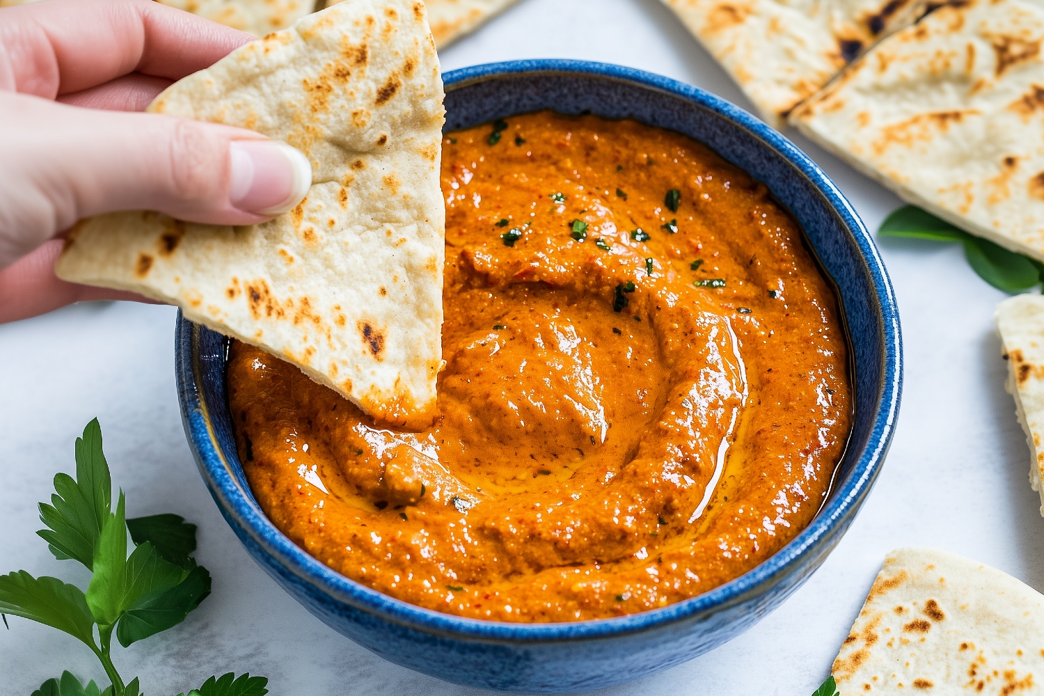 A vibrant bowl of roasted red pepper dip, showing a piece of pita bread being dipped.