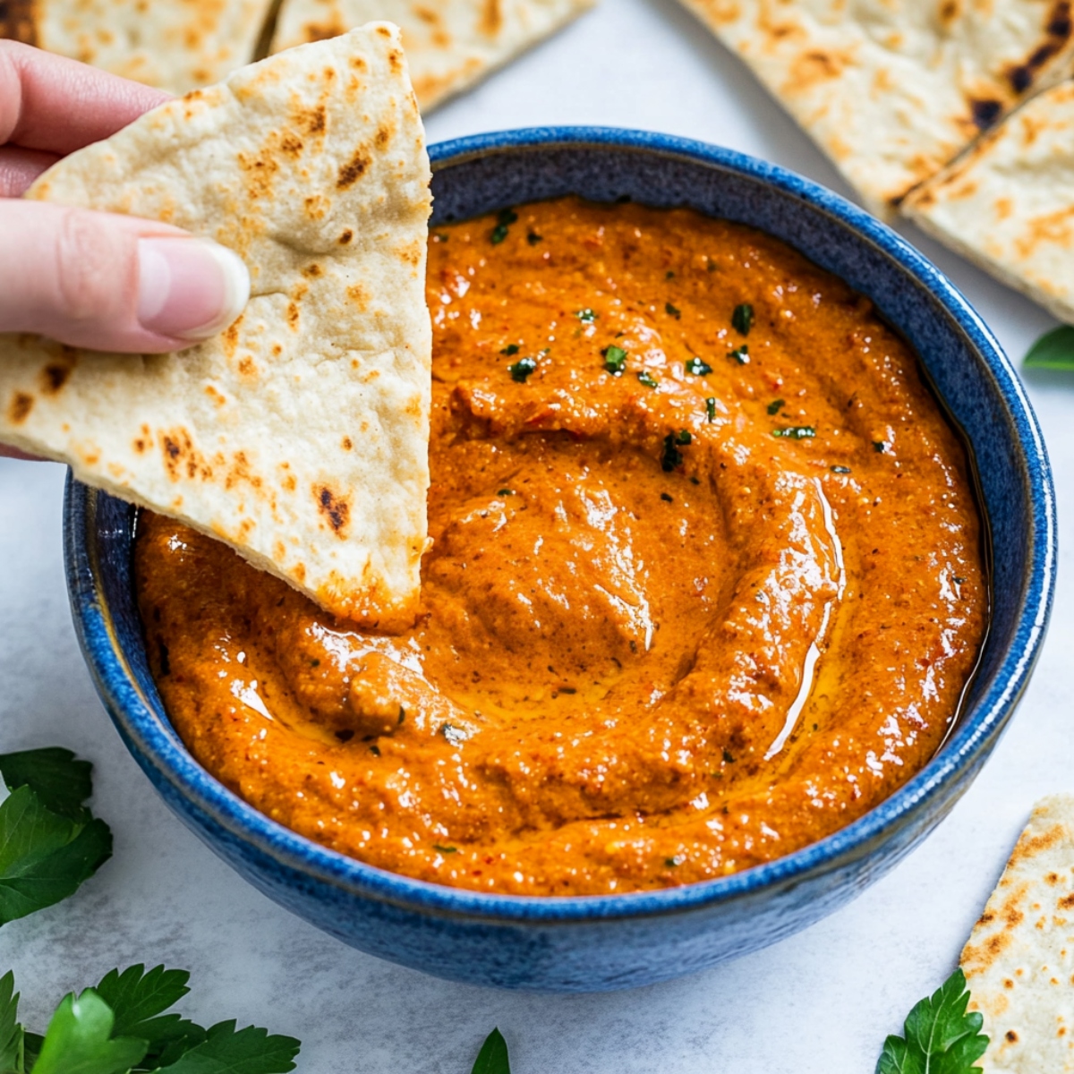 A hand dipping a pice of pita bread into a bowl of roasted red pepper dip.