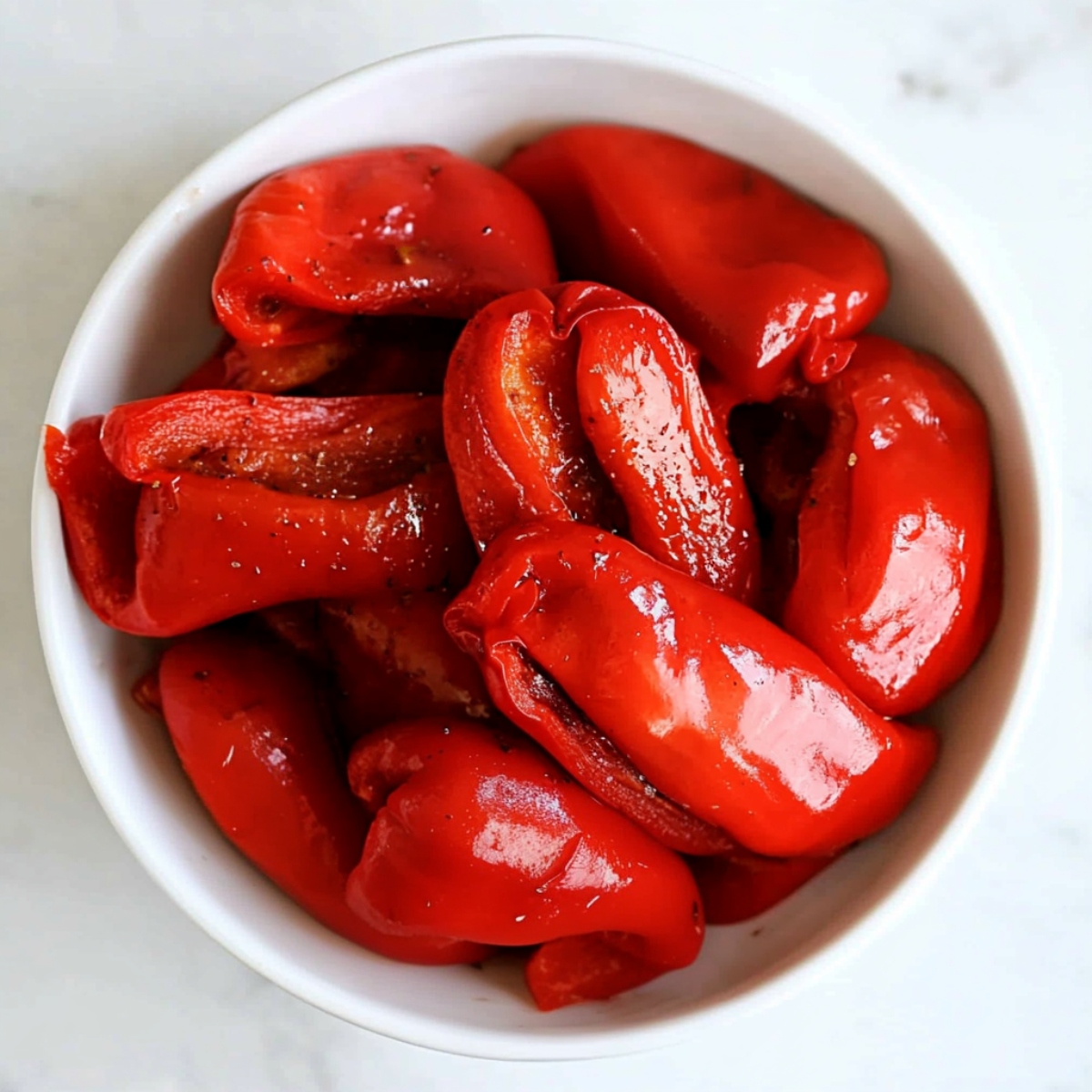 A bowl of roasted red peppers.