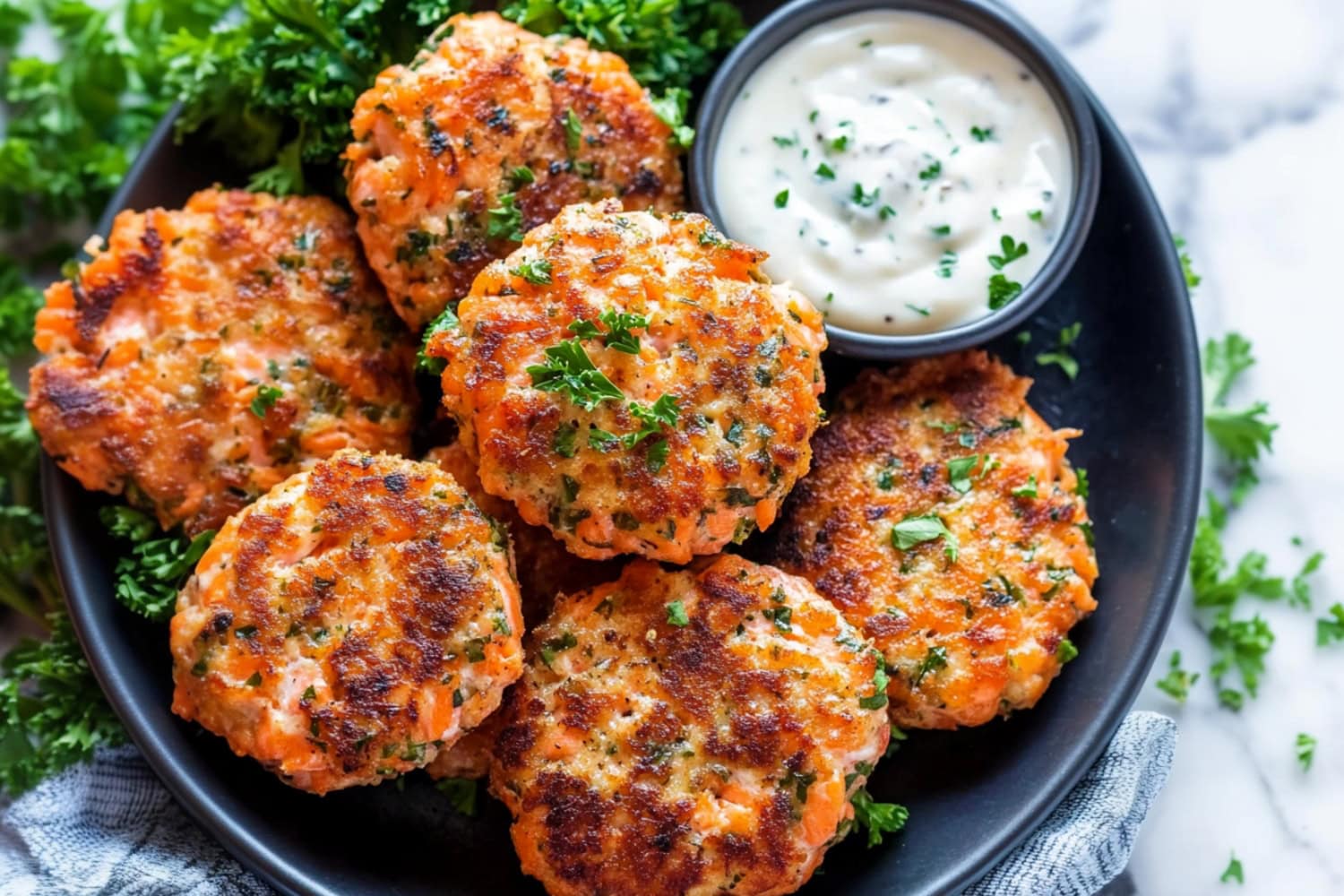 Salmon cakes arranged on a plate with a creamy dipping sauce and a garnish of greens.