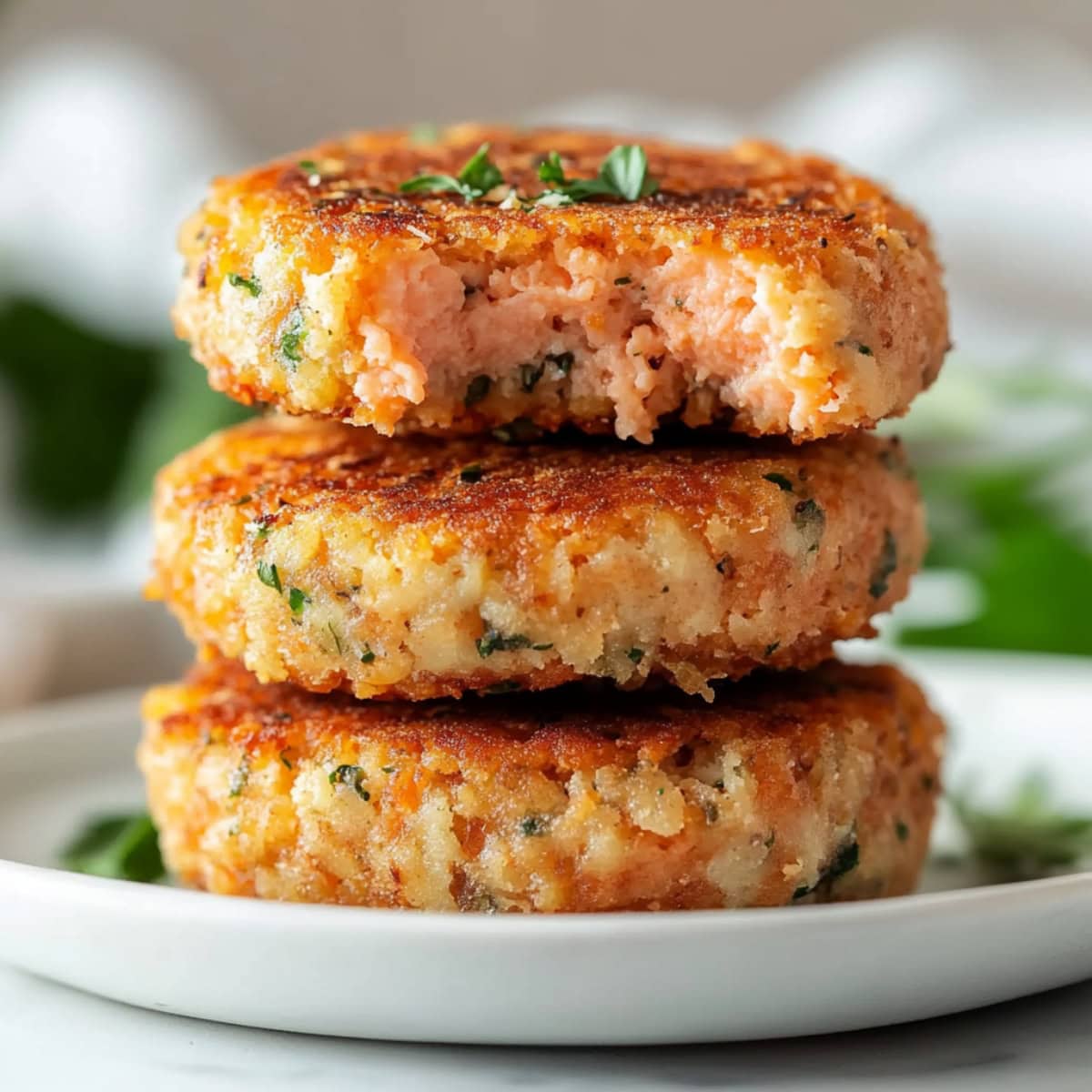 A stack of salmon cakes in a white plate.