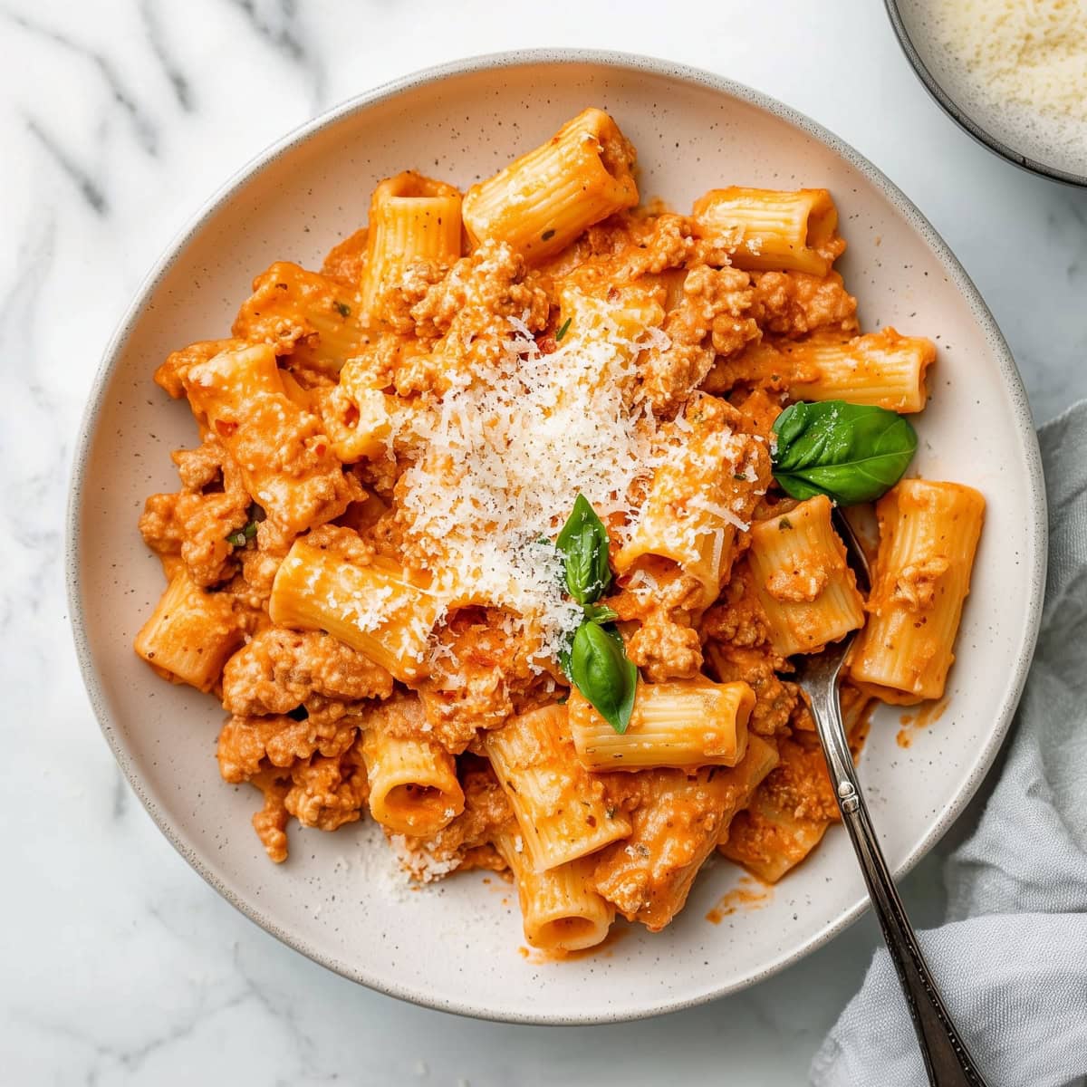 A hearty plate of sausage rigatoni in rich tomato sauce with parsley and basil.