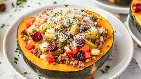 Sausage stuffed acorn squash served in a white plate garnished with parmesan cheese.