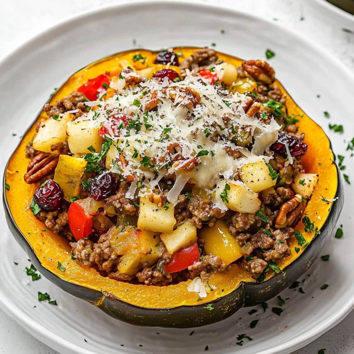 Roasted acorn squash filled with sauteed ground beef with chopped apples and veggies served in a white plate garnished with parmesan cheese.