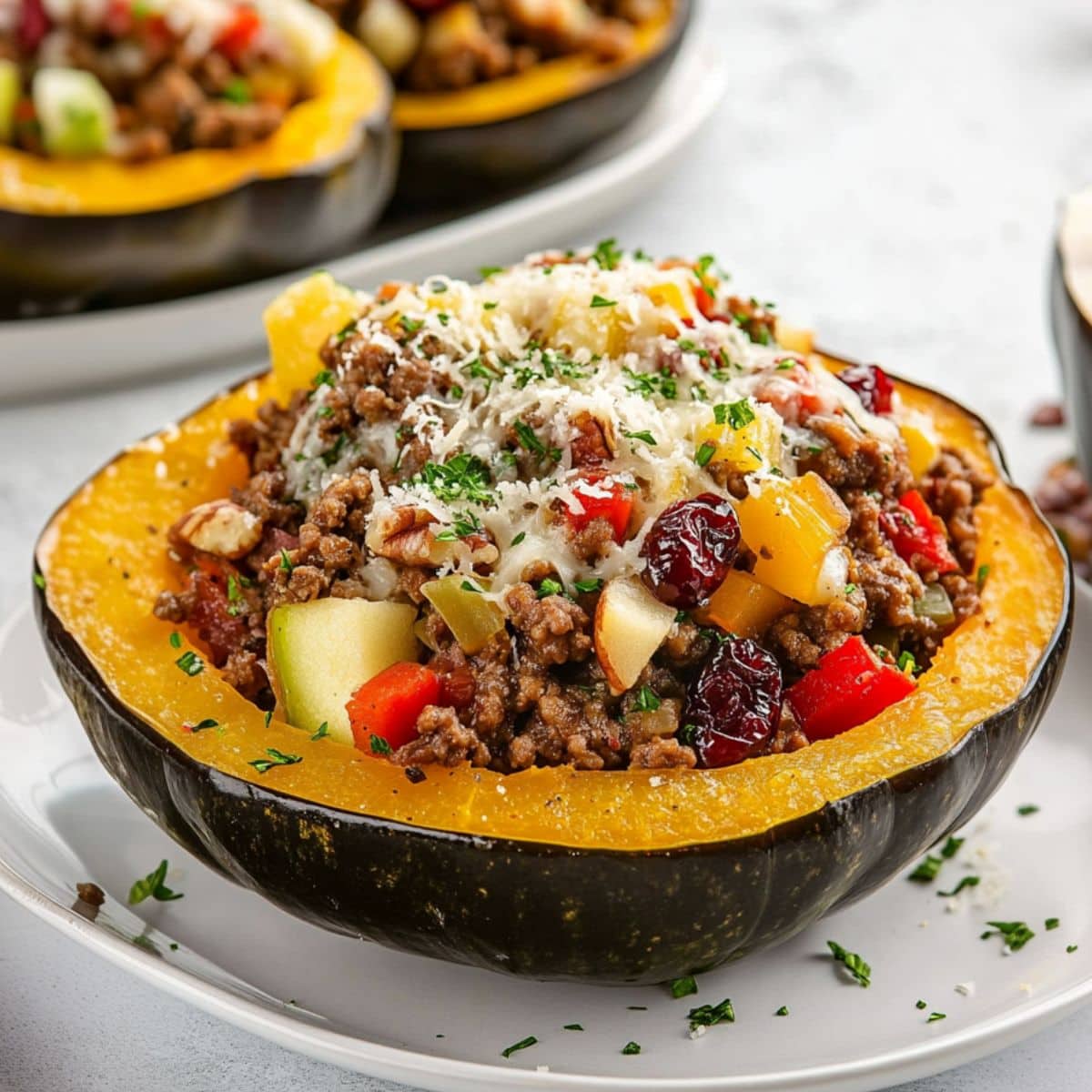 Acorn squash stuffed with sauteed ground beef with veggies garnished with parmesan cheese.