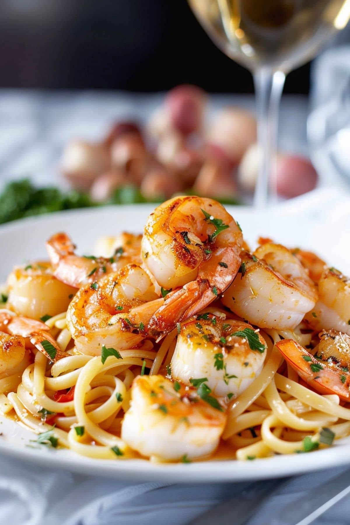 Scallop and shrimp pasta served in a plate.