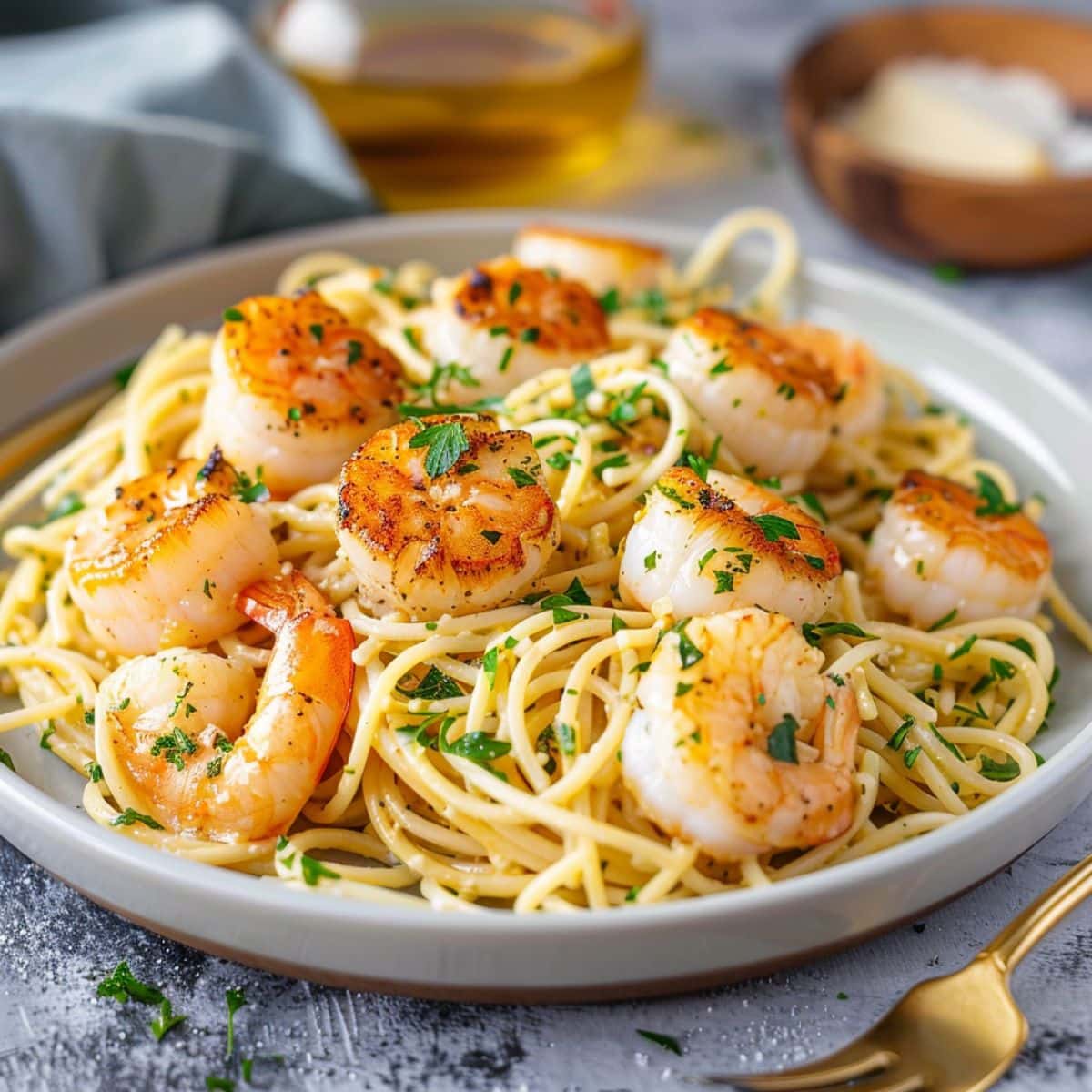 Serving of scallop and shrimp pasta in a plate garnished with chopped parsley. 