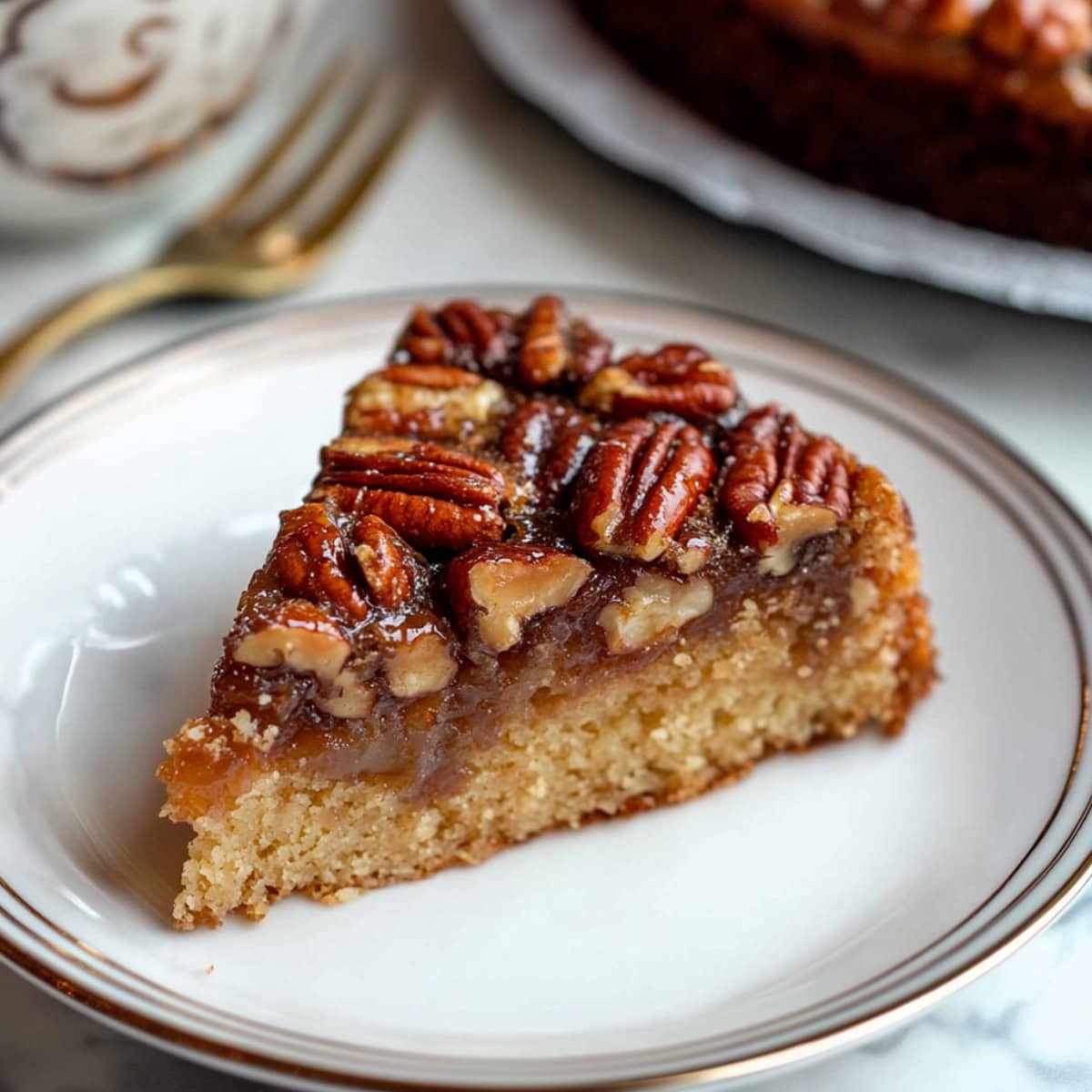 Serving of Pecan Upside Down Cake on a Plate