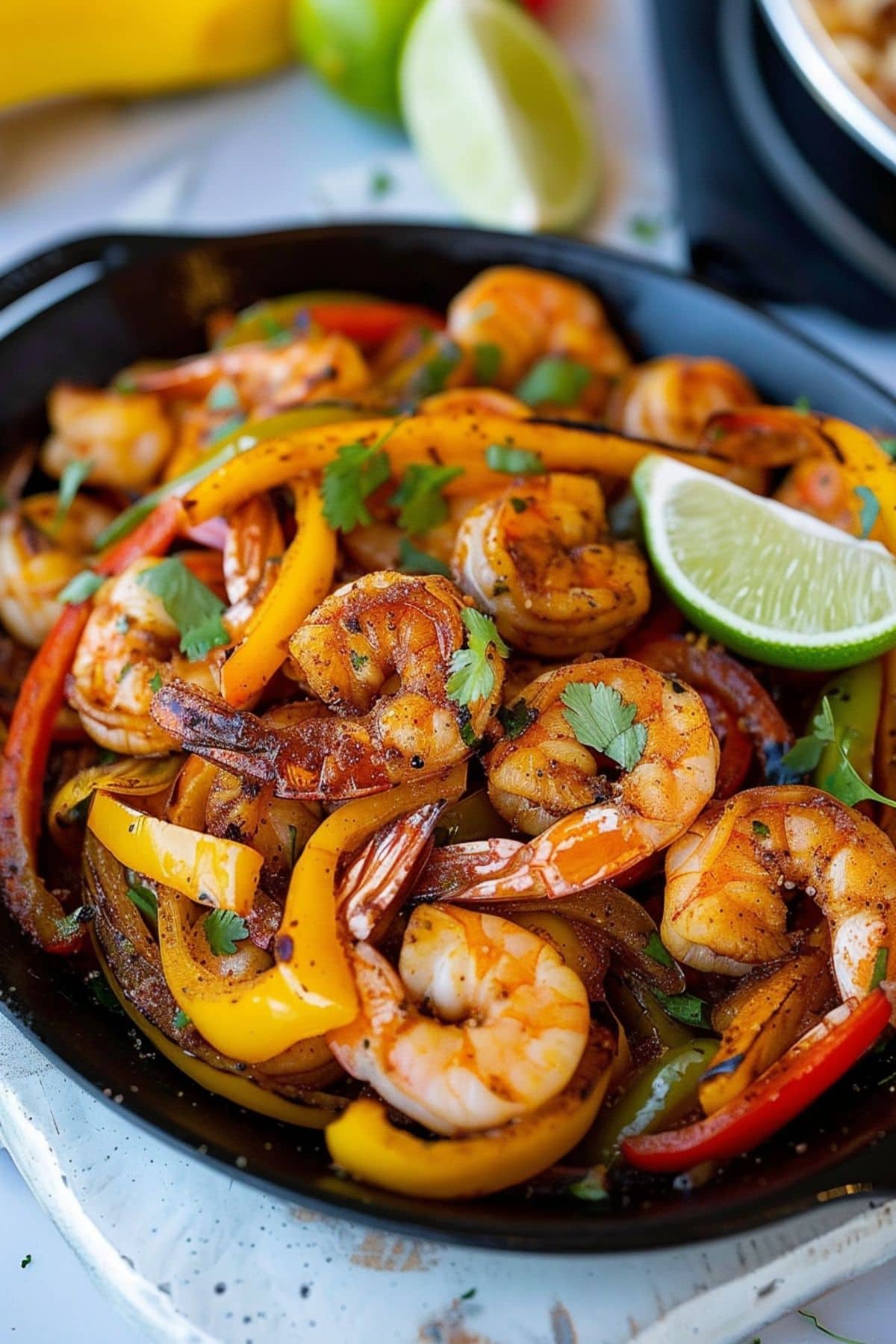 Shrimp fajitas with sliced green, yellow and red bell peppers tossed in paprika and herbs served in a sizzling plate.