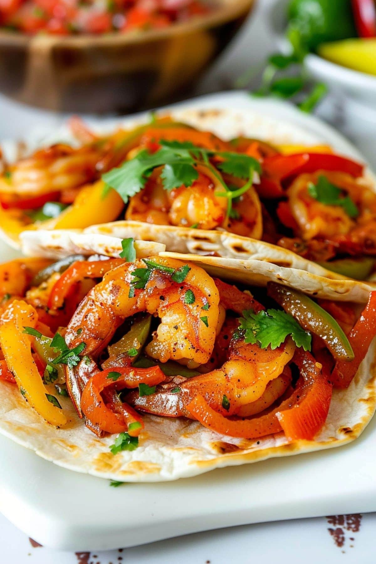 Shrimp fajitas inside flour tortilla.