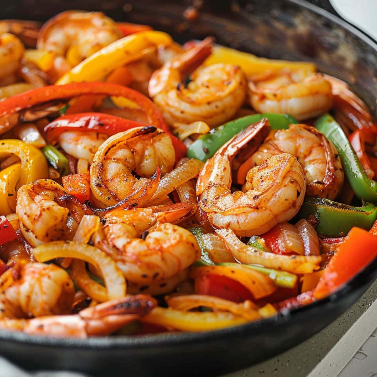 Shrimp fajitas with thinly sliced red, yellow and green bell pepper cooked in a cast iron skillet.