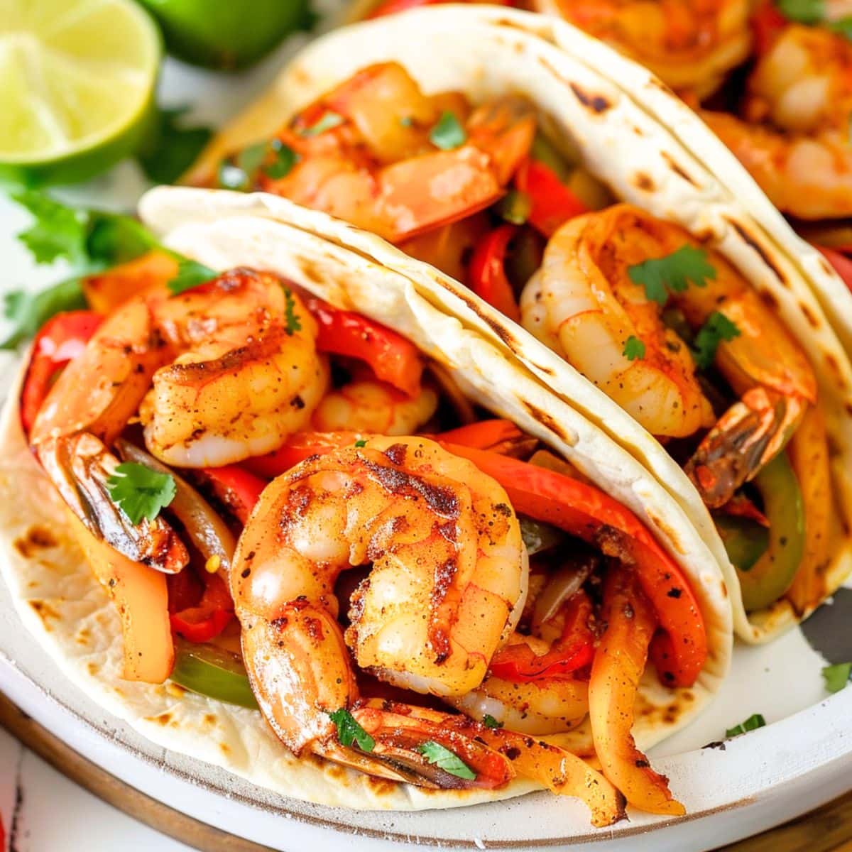 Shrimp fajitas served in flour tortillas on a white plate.