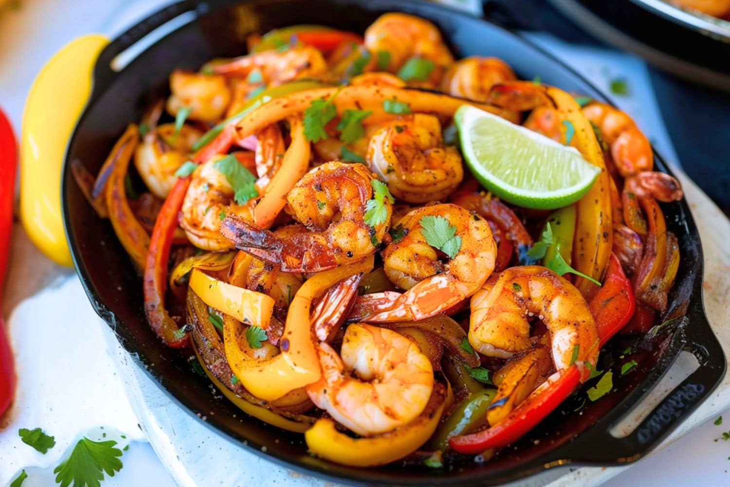 Shrimp fajitas with chopped red, yellow and green bell pepper in a sizzling plate.