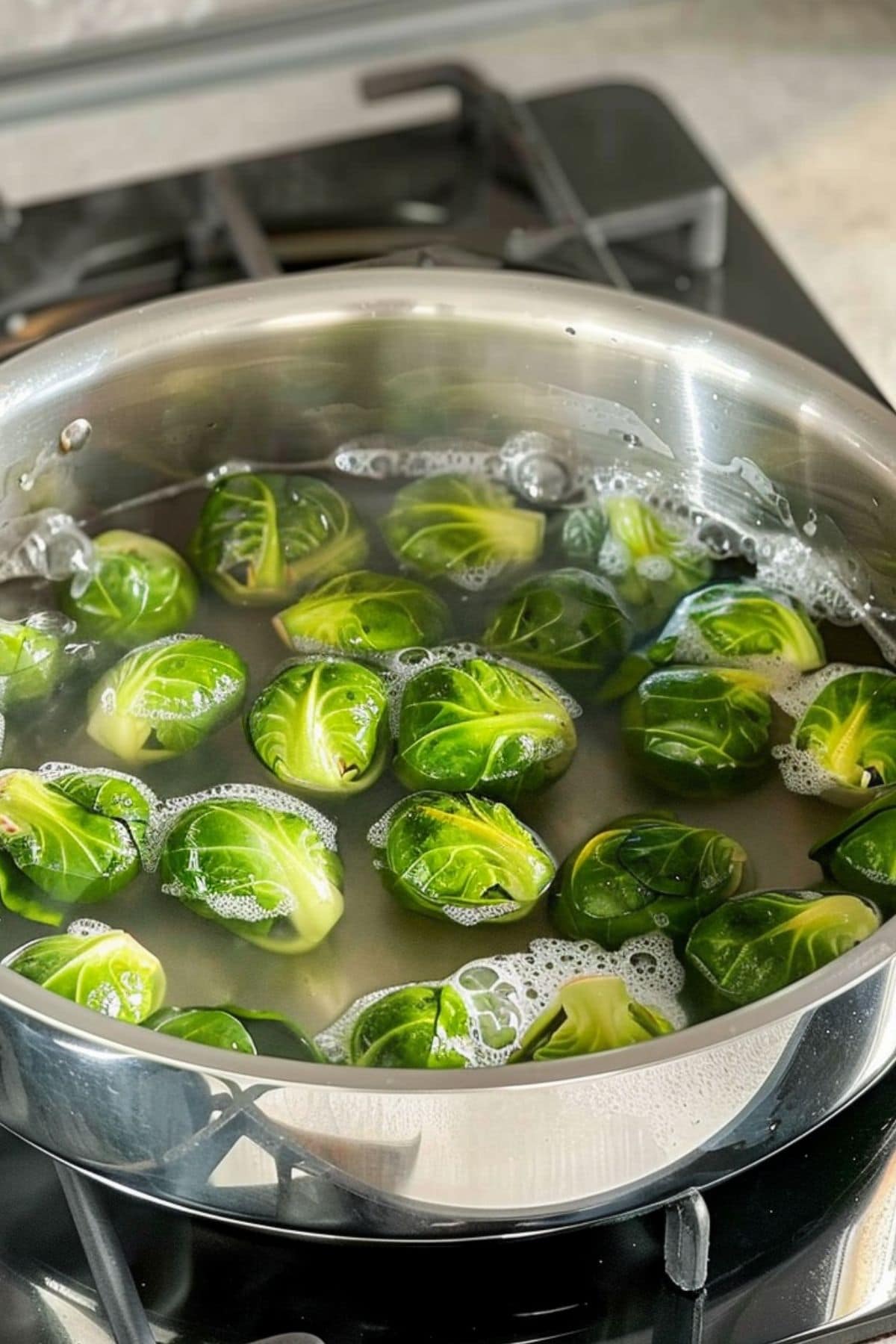 Brussels sprouts in a pot of water