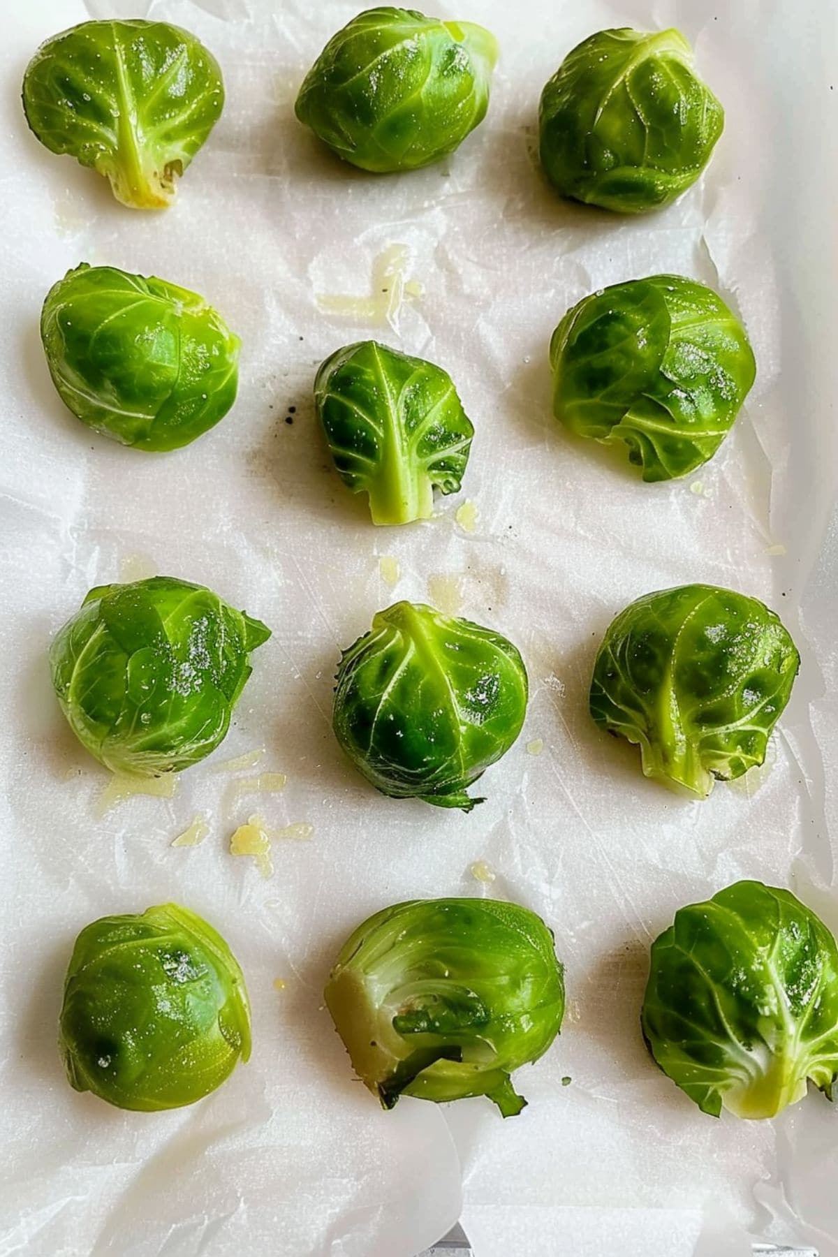 Cooked Brussels sprouts on a parchment paper-lined sheet pan, top view