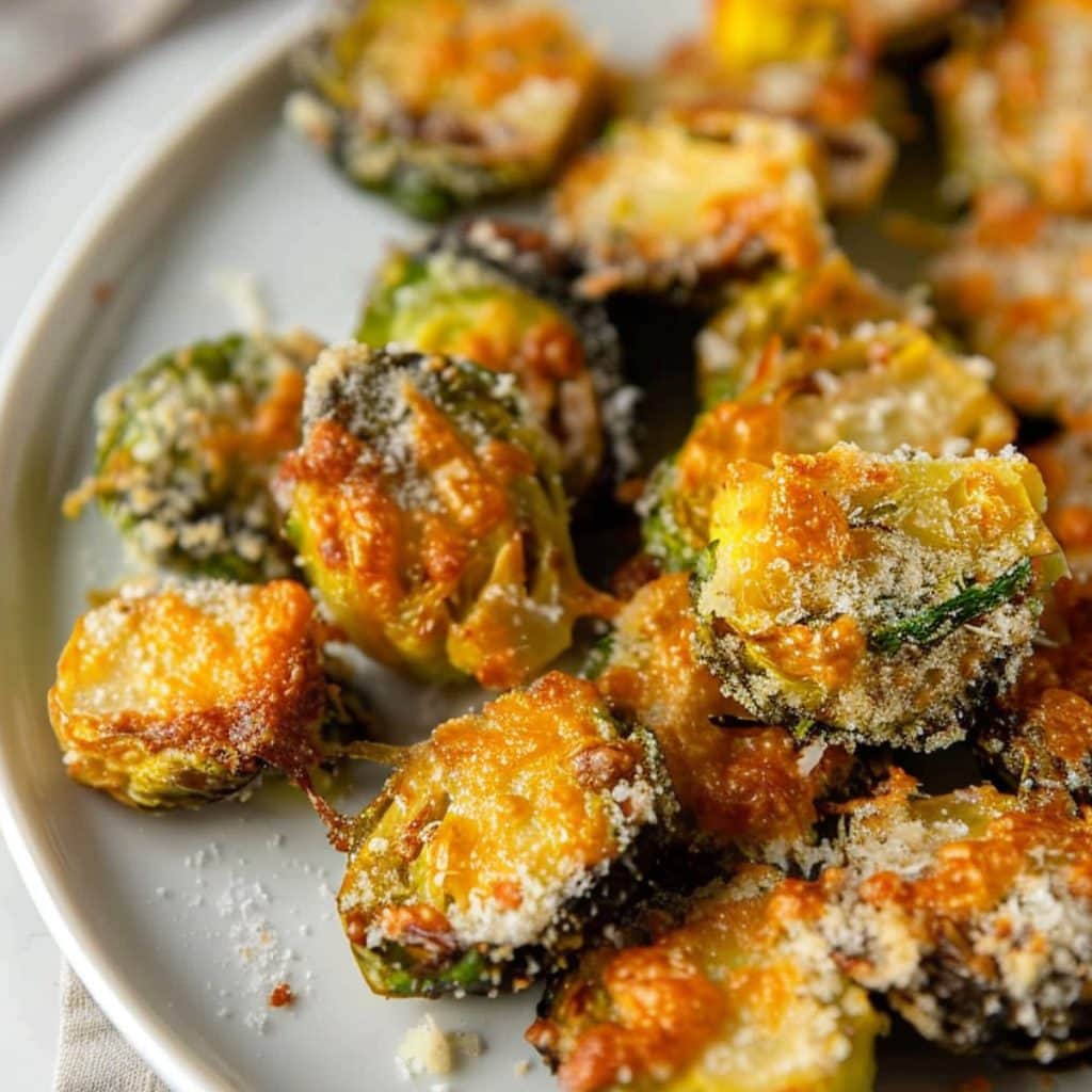 Crispy, cheesy smashed Brussels sprouts served on a white plate.