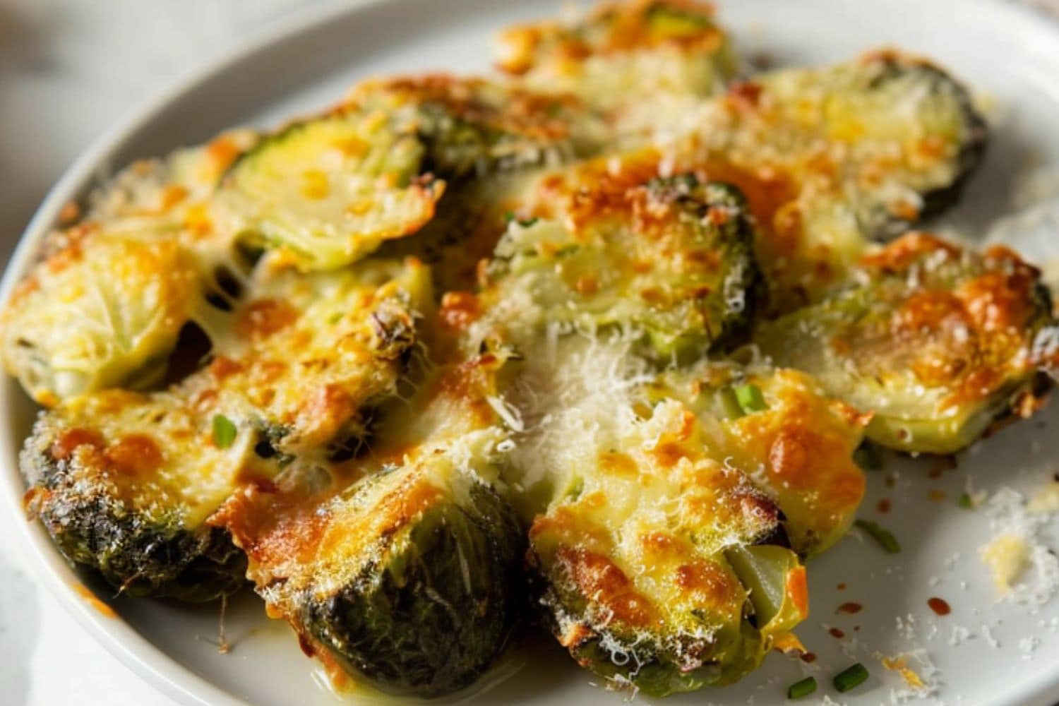 Baked smashed brussels sprout covered with melted cheese served in a plate.