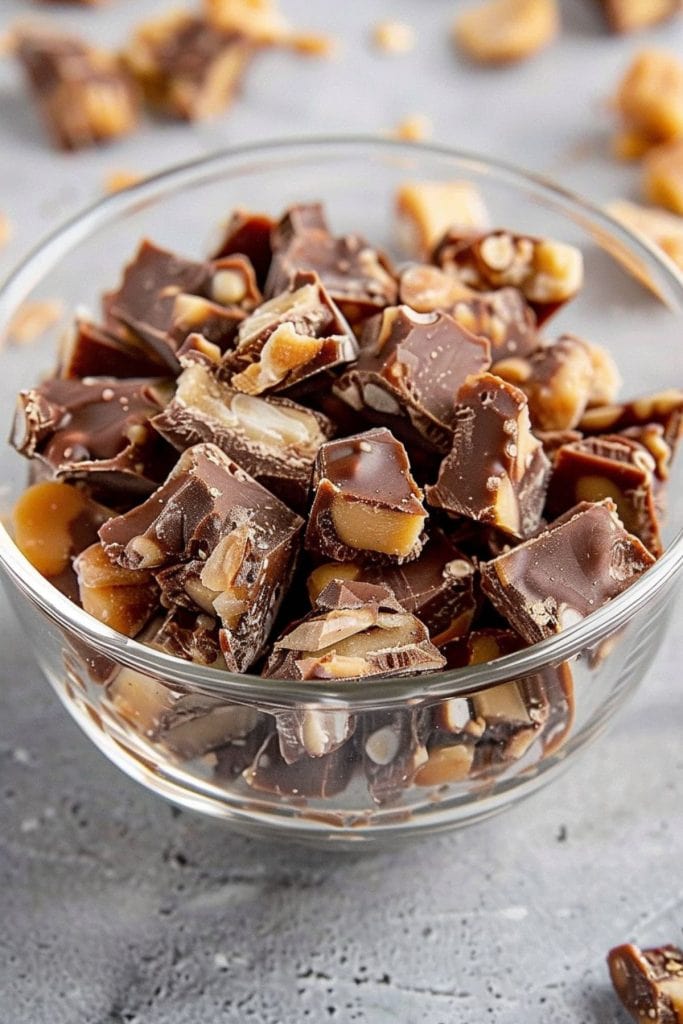 Chopped Snickers candy in a glass bowl.