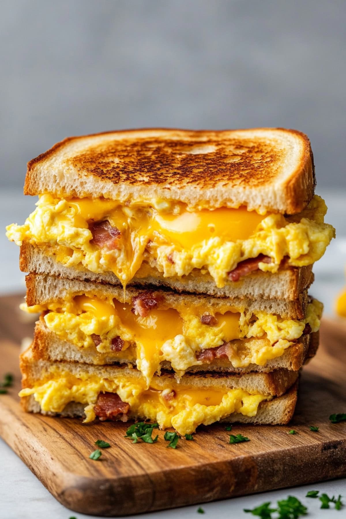 Stack of breakfast grilled cheese sandwiches with melty cheese and scrambled eggs