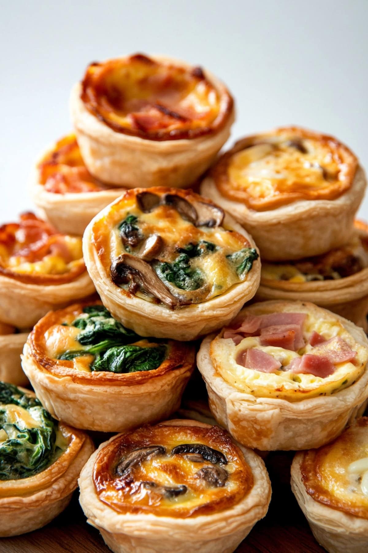 Stack of Mini Quiches with Spinach, Ham, And Mushrooms