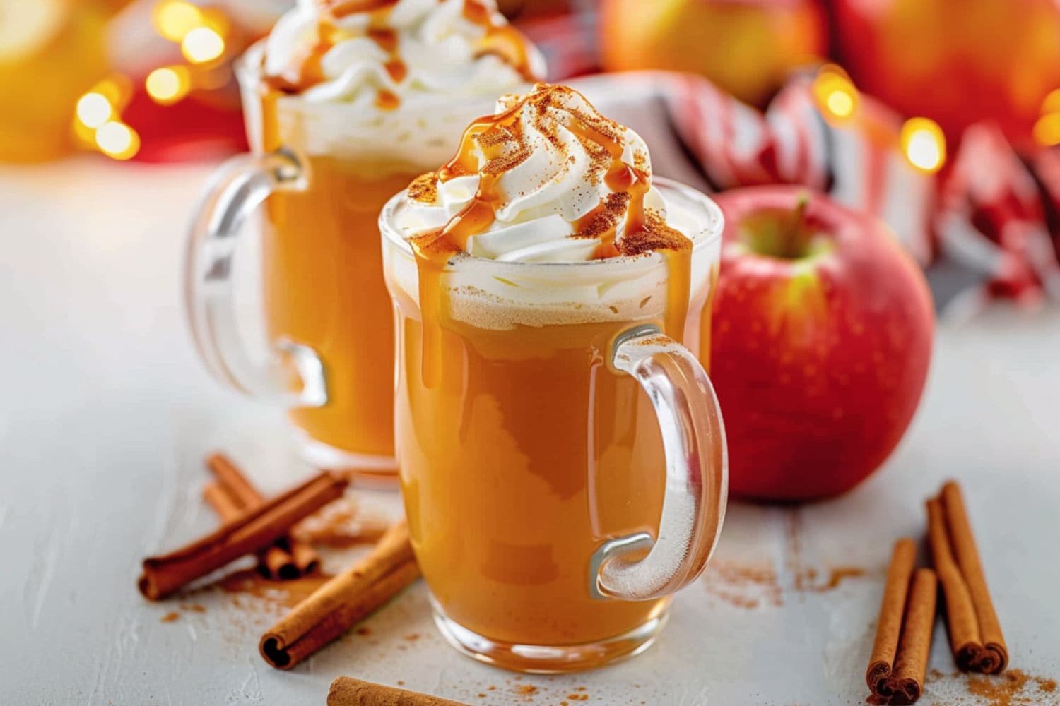 Starbucks caramel apple cider served in glass mug topped with whipped cream and drizzled with caramel syrup.